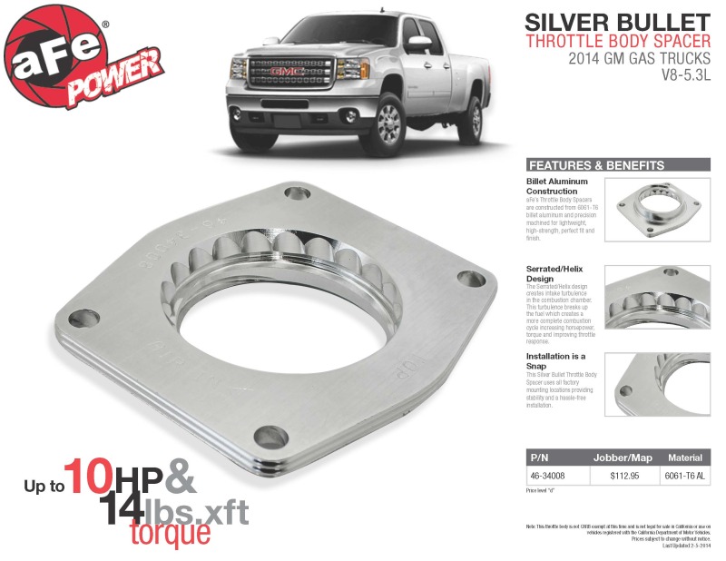 aFe Silver Bullet Throttle Body Spacers TBS 2014 GM Silverado/Sierra 1500 V8 5.3L - Image 3