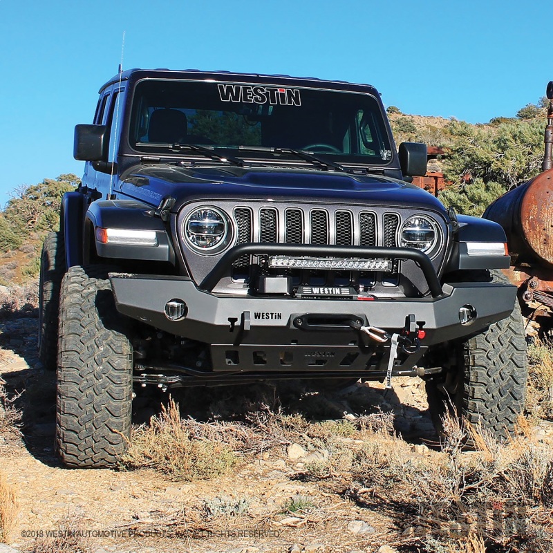 Westin 18-19 Jeep Wrangler JL WJ2 Full Width Front Bumper w/Bull Bar Textured Black - Image 10