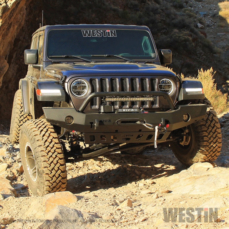 Westin 18-19 Jeep Wrangler JL WJ2 Full Width Front Bumper w/Bull Bar Textured Black - Image 9