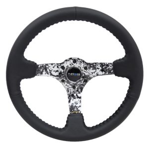NRG Reinforced Steering Wheel (350mm / 3in. Deep) Blk Leather w/Hydrodipped Digi-Camo Spokes