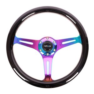 NRG Classic Wood Grain Steering Wheel (350mm) Black Paint Grip w/Neochrome 3-Spoke Center