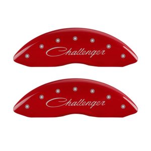 MGP 4 Caliper Covers Engraved Front & Rear Cursive/Challenger Red finish silver ch