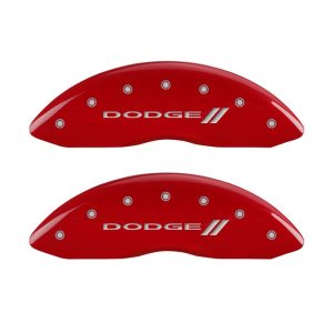 MGP 4 Caliper Covers Engraved Front & Rear With stripes/Dodge Red finish silver ch