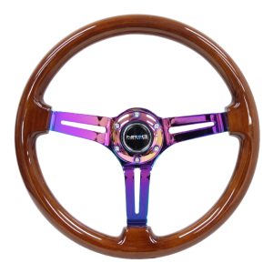 NRG Reinforced Steering Wheel (350mm / 3in. Deep) Brown Wood w/Blk Matte Spoke/Neochrome Center Mark