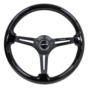 NRG Reinforced Steering Wheel (350mm / 3in. Deep) Blk Wood w/Blk Matte Spoke/Black Center Mark