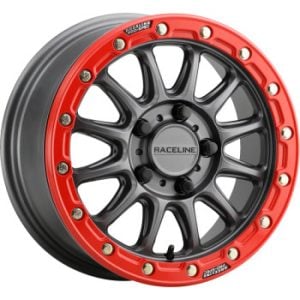 Raceline A14GR Alpha 15x7in/4x156 BP/10mm Offset/132.5mm Bore - Gunmetal & Red Ring Beadlock Wheel