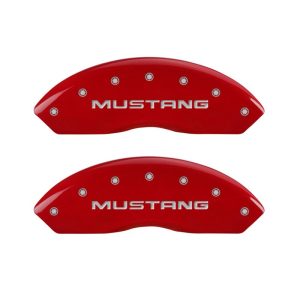 MGP 4 Caliper Covers Engraved Front Mustang Engraved Rear Pony Red finish silver ch