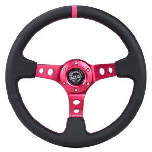 NRG Reinforced Steering Wheel (350mm/3in. Deep) Black Leather/ Fushia Center Mark/ Fushia Stitching