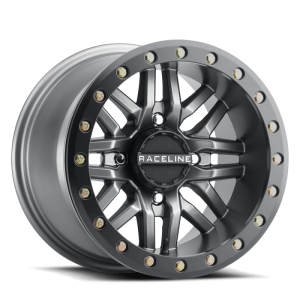 Raceline A91G Ryno 14x7in/4x156 BP/10mm Offset/132.5mm Bore - Gunmetal & Black Ring Beadlock Wheel