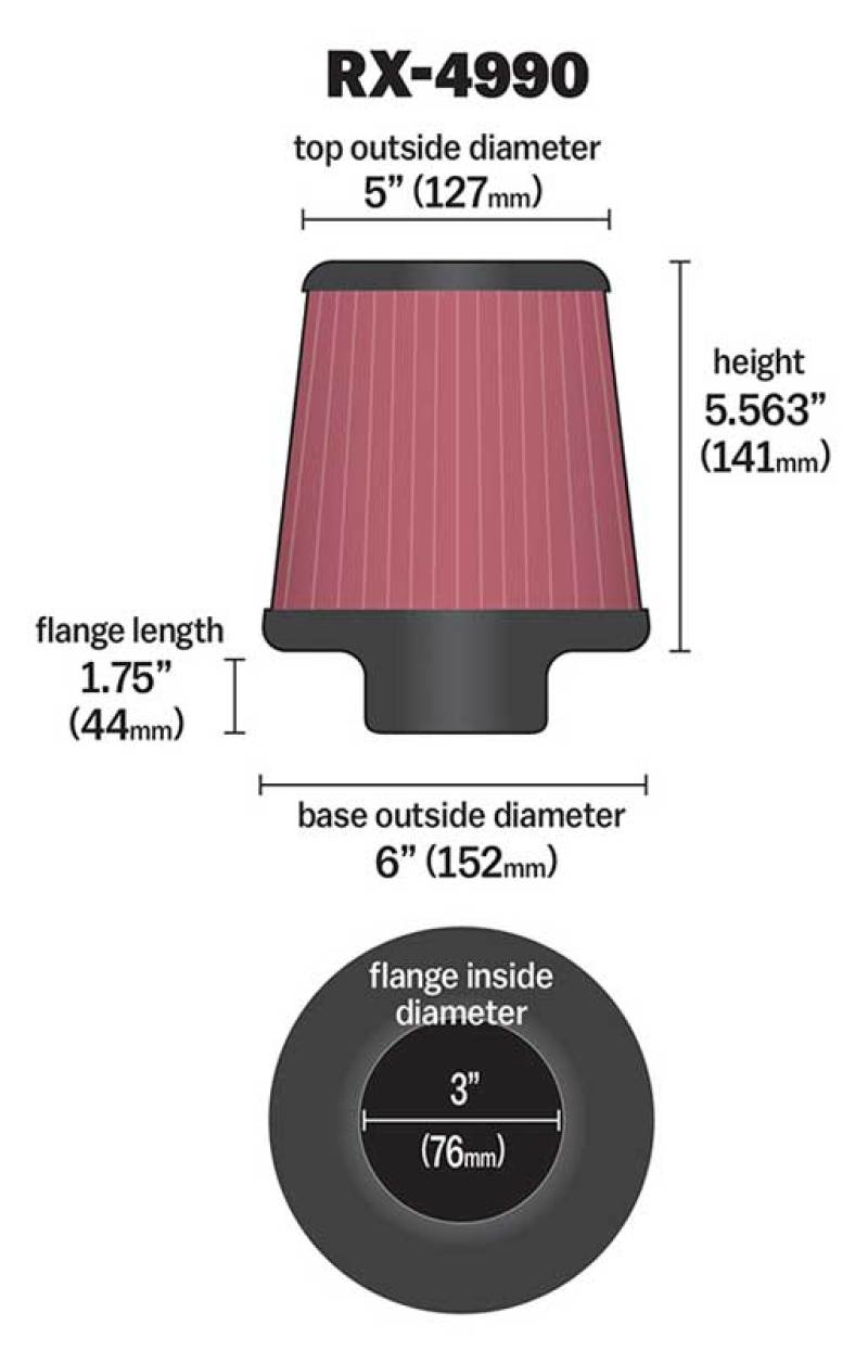 K&N Filter Universal X Stream Clamp-On 3 inch Flange 6 inch Base 5 inch Top 5 9/16 inch Height - Image 7