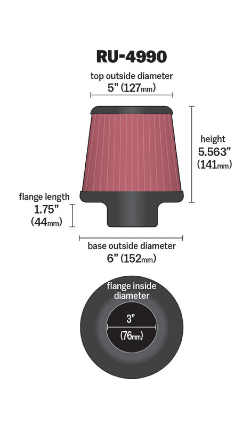 K&N Filter Universal Rubber Filter-Rd Tapered 3in Flange ID x 6in Base OD x 5in Top OD x 5.563in H - Image 3