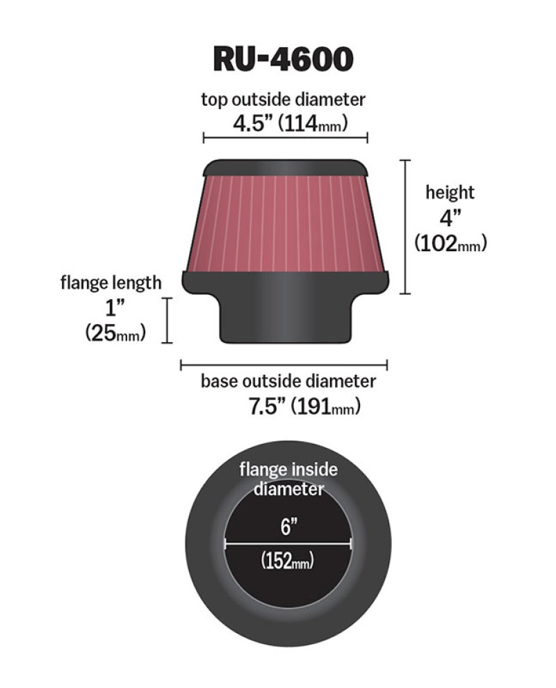 K&N Filter 6 inch Flange 7.5 inch Base 4.5 Top 4 inch Height - Image 3