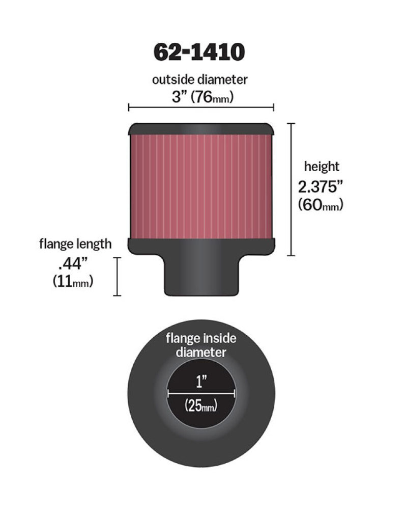 K&N 1 inch ID 3 inch OD 2.375 inch H Rubber Base Crankcase Vent Filter - Image 4