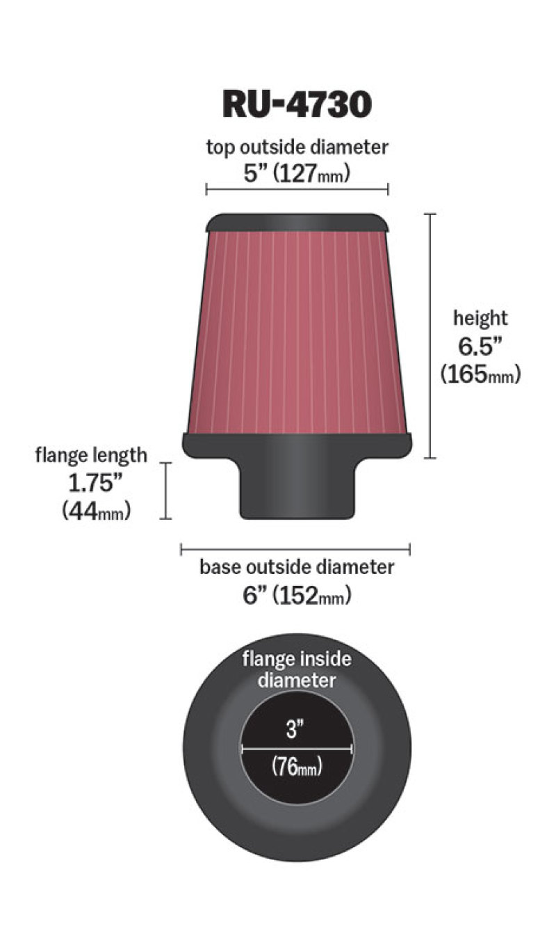 K&N Filter 3 inch Flange 6 inch Base 5 Top 6 1/2 inch Height - Image 4