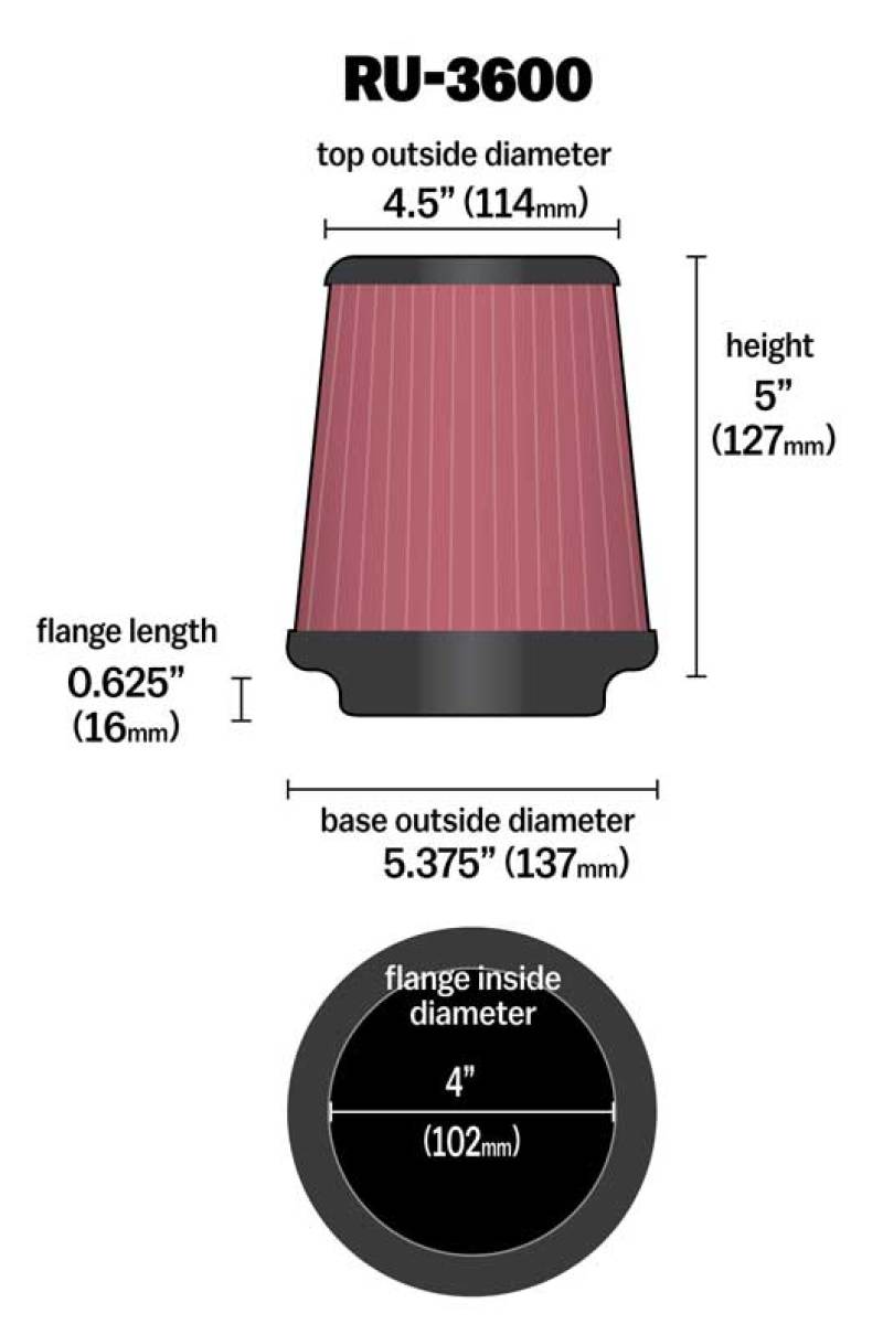K&N Universal Air Filter 4in Flange / 5-3/8 in Base / 4-1/2in Top / 5in Height - Image 3