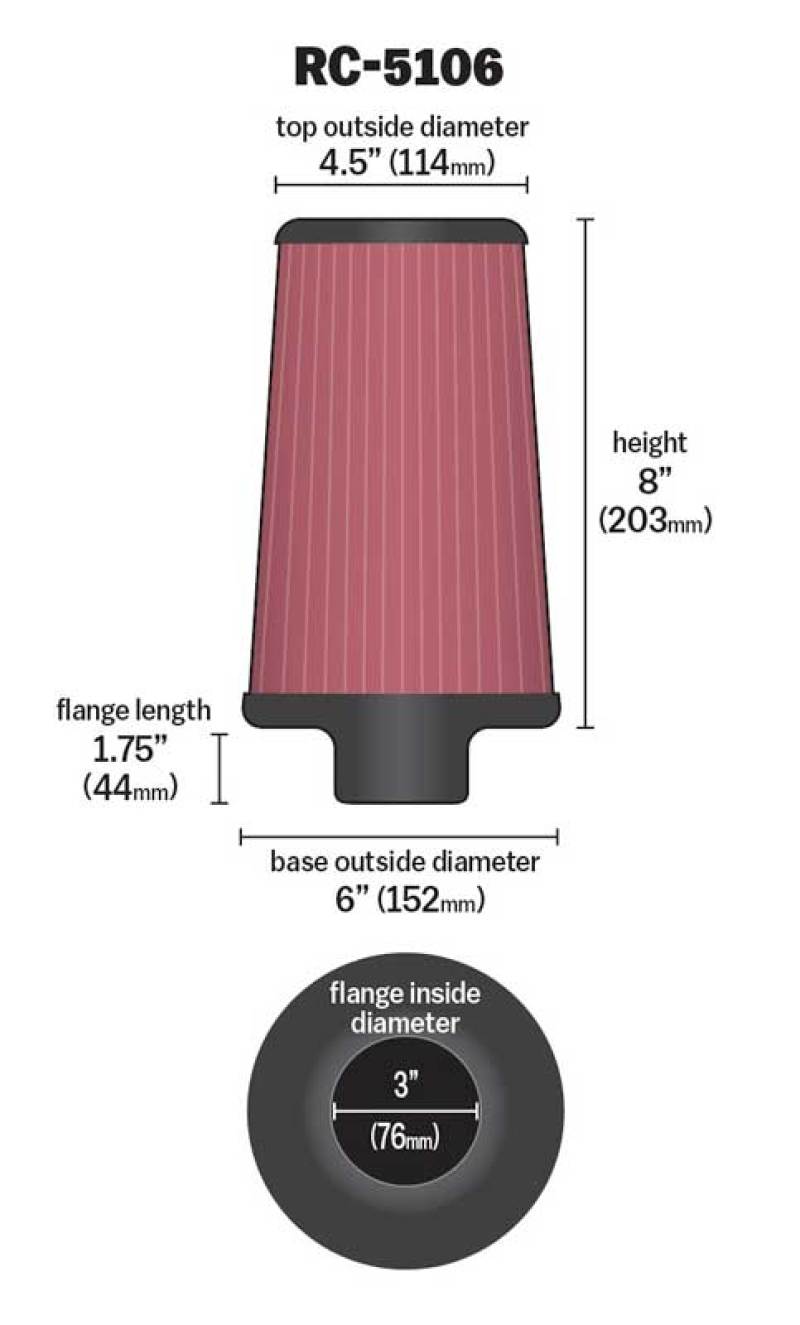 K&N Universal Chrome Round Tapered Air Filter 3in FlangeID / 6in Base OD / 4.5in Top OD / 8in Height - Image 4