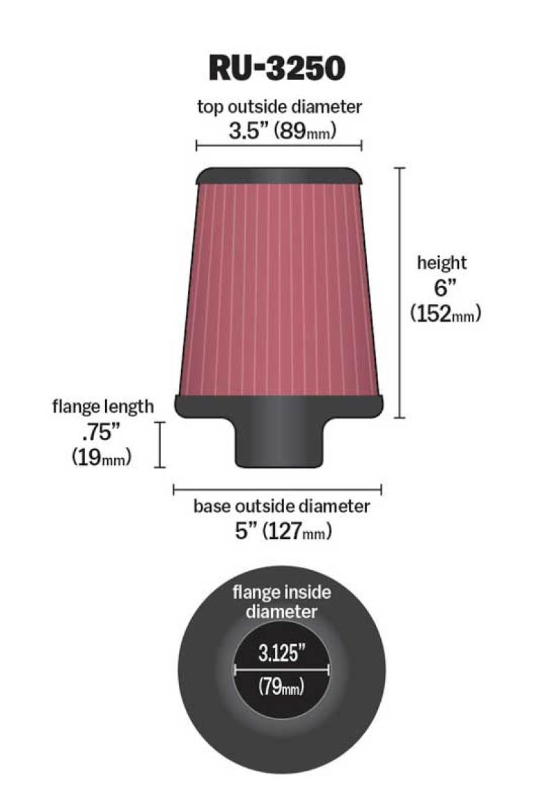 K&N Universal Tapered Filter 3.125in Flange ID x 5in Base OD x 3.5in Top OD x 6in Height - Image 3