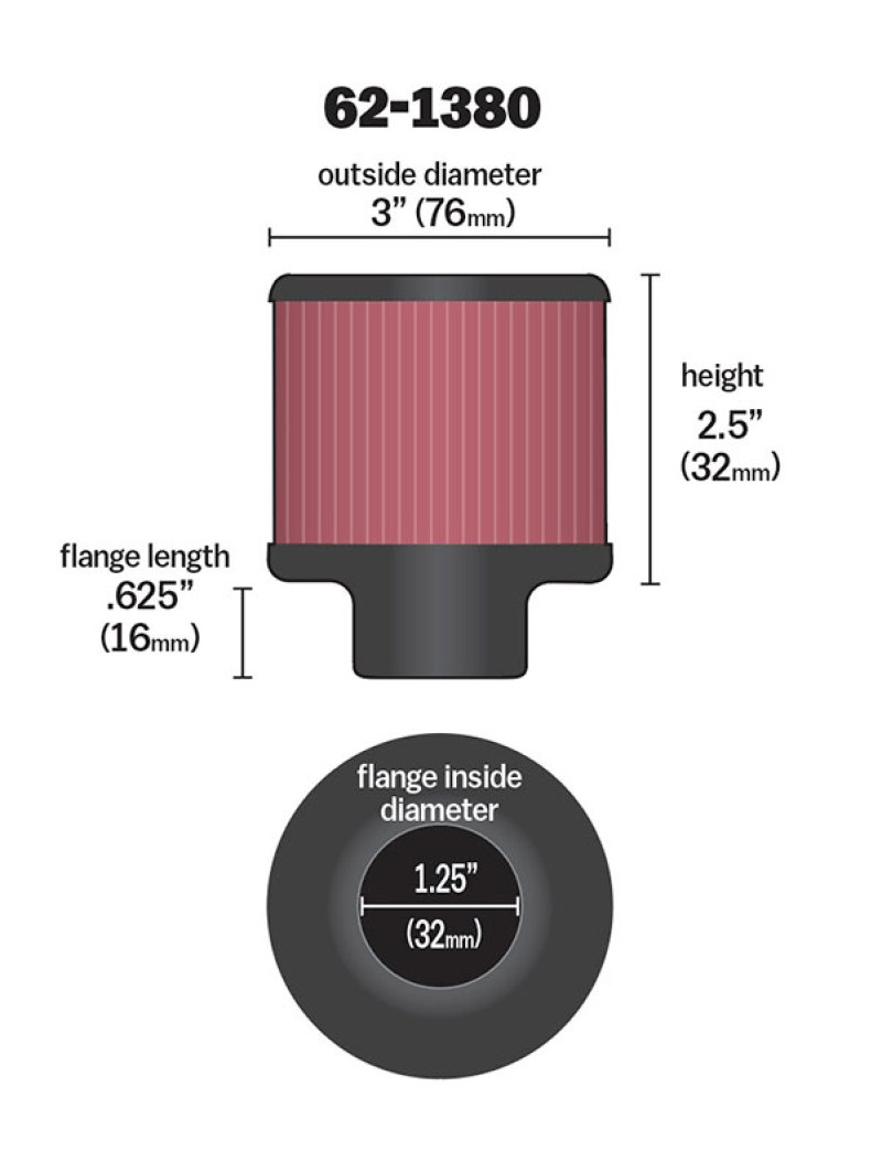 K&N 1.25in Flange ID x 3in OD x 2.5 inch H Rubber Base Crankcase Vent Filter - Image 5