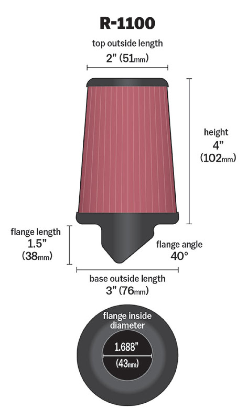 K&N Universal Rubber Filter Round Tapered 3in Base OD x 2in Top OD x 4in H - 73-78 Honda ATC90 - Image 10