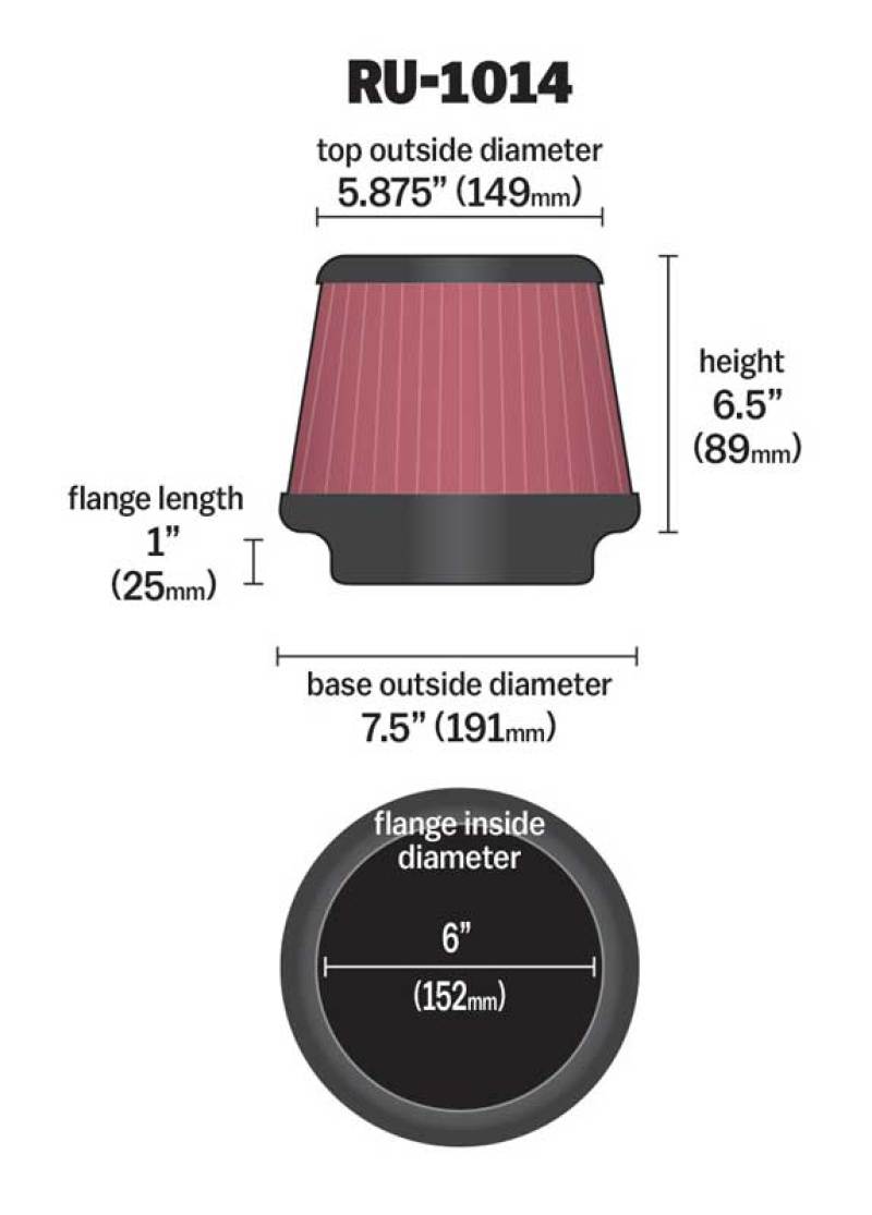 K&N Universal Tapered Filter 6in Flange ID x 7.5in Base OD x 5.875in Top OD x 6.5in Height - Image 3
