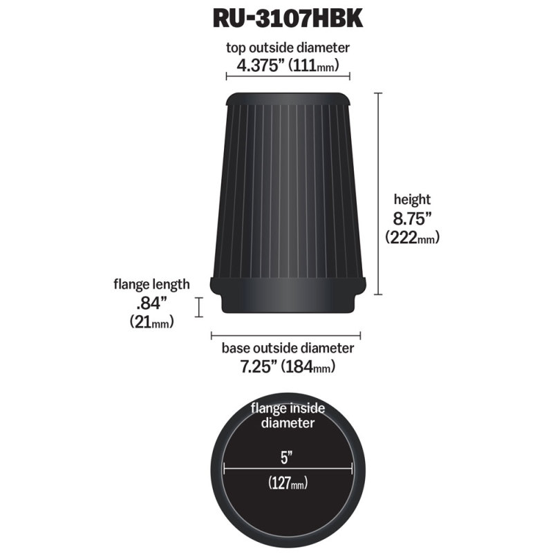 K&N Universal Air Filter (5in Flange / 6-1/2in Base / 4-3/8in Top OD / 8-3/4in Height) - Image 3
